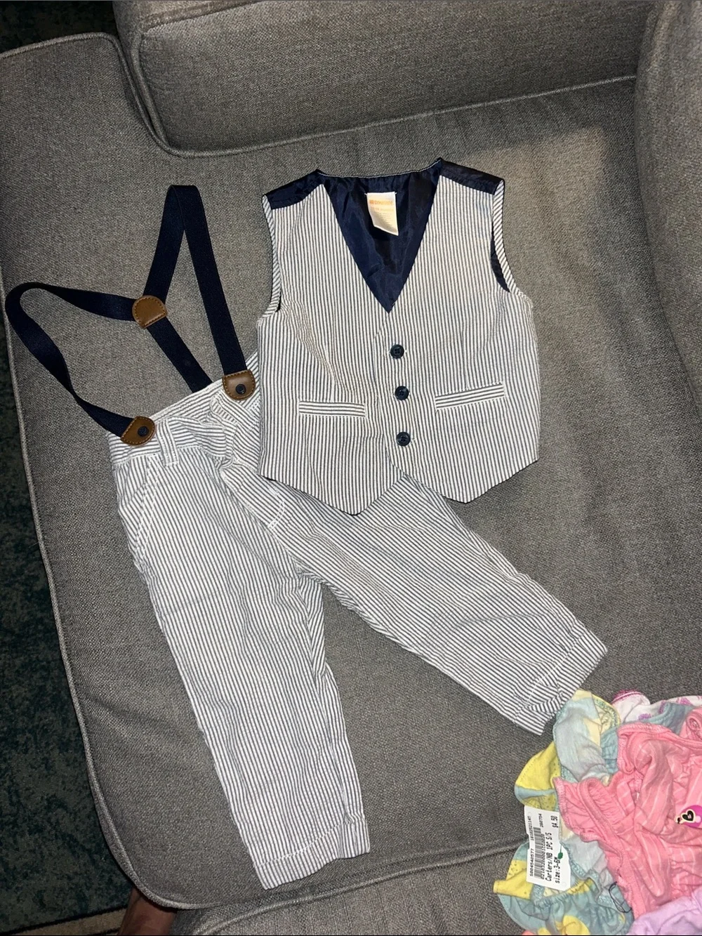 Gymboree Navy and White Pinstripe Vest & Pants with Navy Suspenders